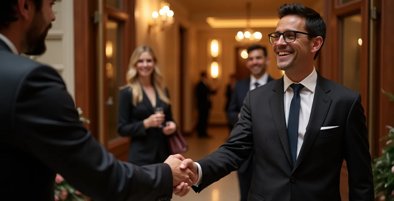 Accueil personnalisé d'un invité lors d'une soirée d'entreprise, poignée de main chaleureuse, salle décorée, éclairage d'ambiance, pas de texte visible