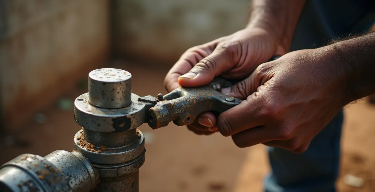 Gros plan sur les mains d’un technicien local réparant une pompe de puits, outils et éléments métalliques, arrière-plan flou, aucun texte