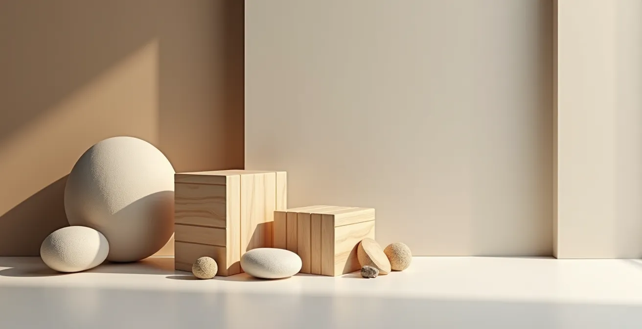 Composition minimaliste avec éléments abstraits évoquant le calcul financier, formes géométriques et surfaces texturées suggérant l'analyse budgétaire