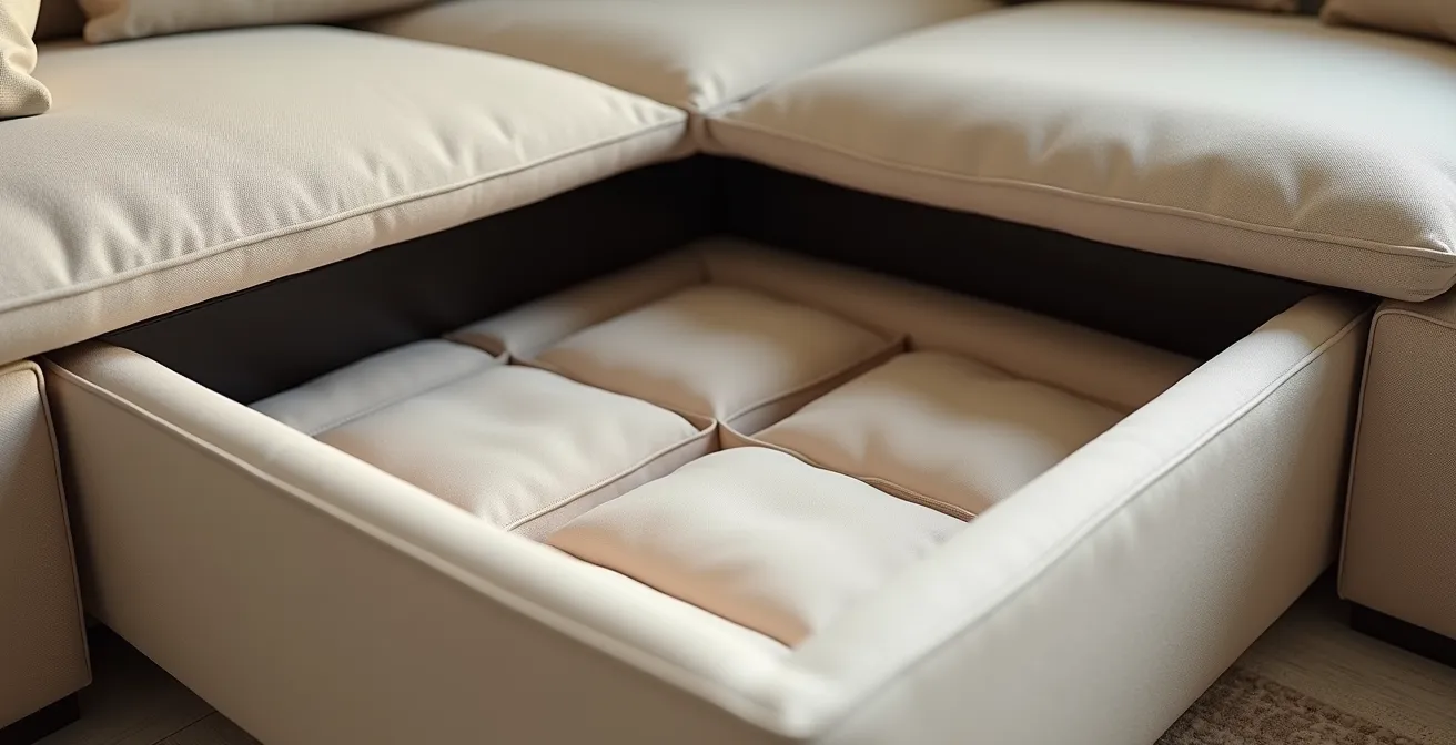 Détail macro d'un coffre de rangement ouvert sous la méridienne d'un canapé d'angle, révélant un espace de stockage optimisé