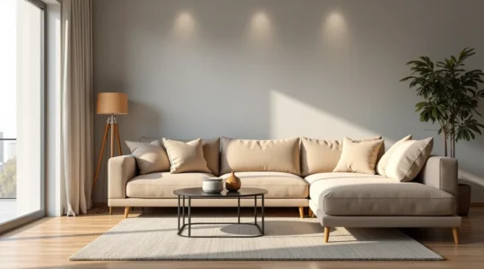 Salon moderne avec canapé d'angle beige contre un mur, méridienne à droite, coussins moelleux et éclairage naturel tamisé