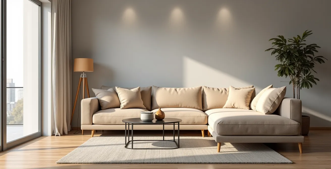 Salon moderne avec canapé d'angle beige contre un mur, méridienne à droite, coussins moelleux et éclairage naturel tamisé