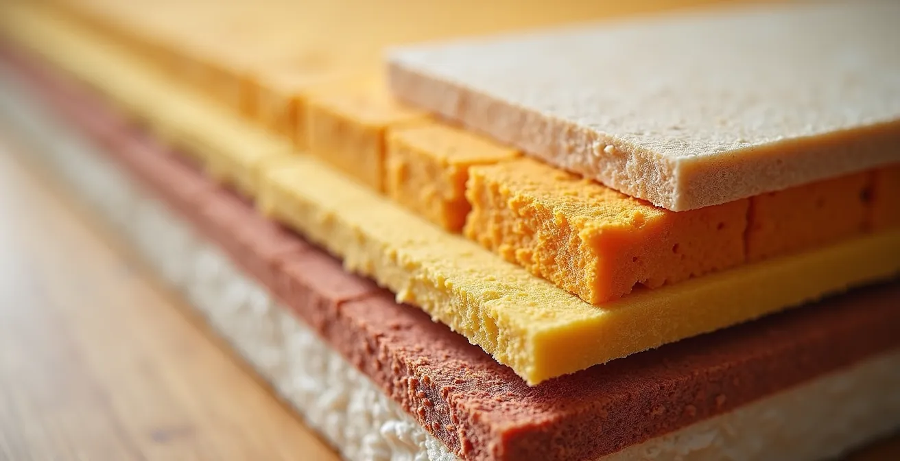 Gros plan sur une coupe de mur isolé montrant les différentes couches de matériaux isolants avec textures naturelles détaillées