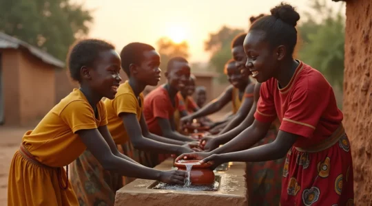 Scène réaliste d'enfants recueillant de l'eau claire à un puits moderne dans un village africain, décor naturel, lumière dorée, aucun texte ni logo visible