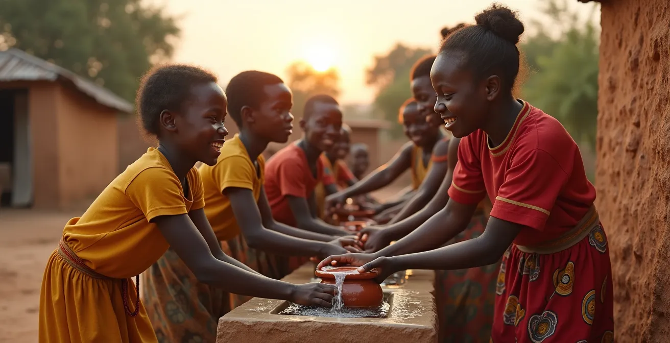 Scène réaliste d'enfants recueillant de l'eau claire à un puits moderne dans un village africain, décor naturel, lumière dorée, aucun texte ni logo visible