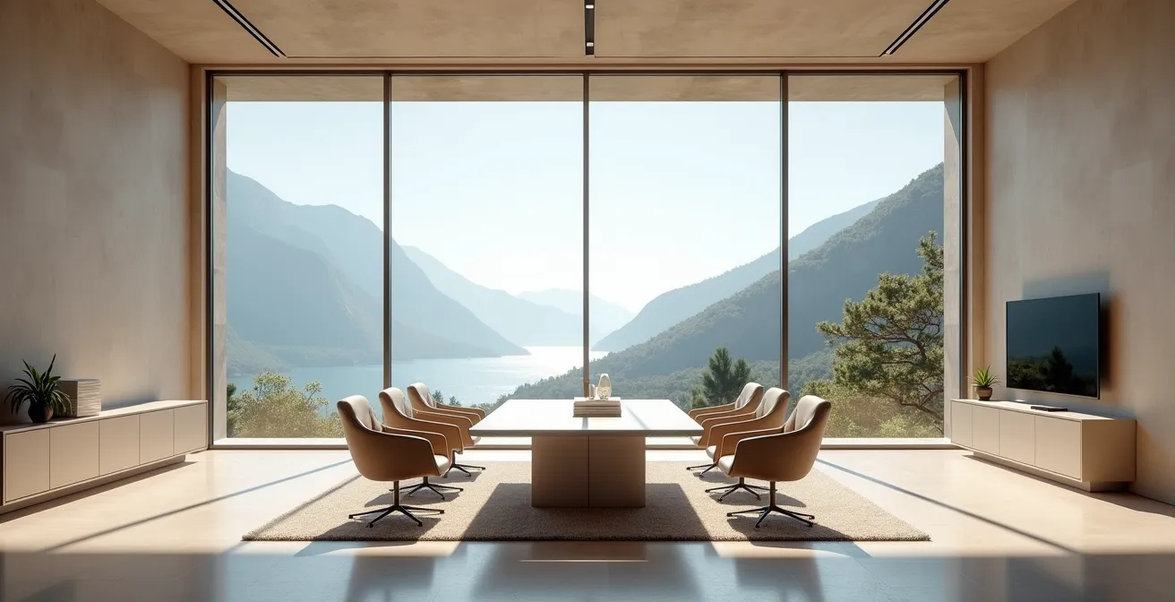 Salle de réunion à la décoration minimaliste dans un resort, environnement spacieux, vue sur la nature, aucun support textuel visible