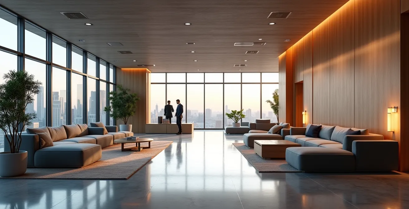 Salle événementielle épurée, décor minimaliste avec éclairage architectural, espaces modulaires, sans élément textuel