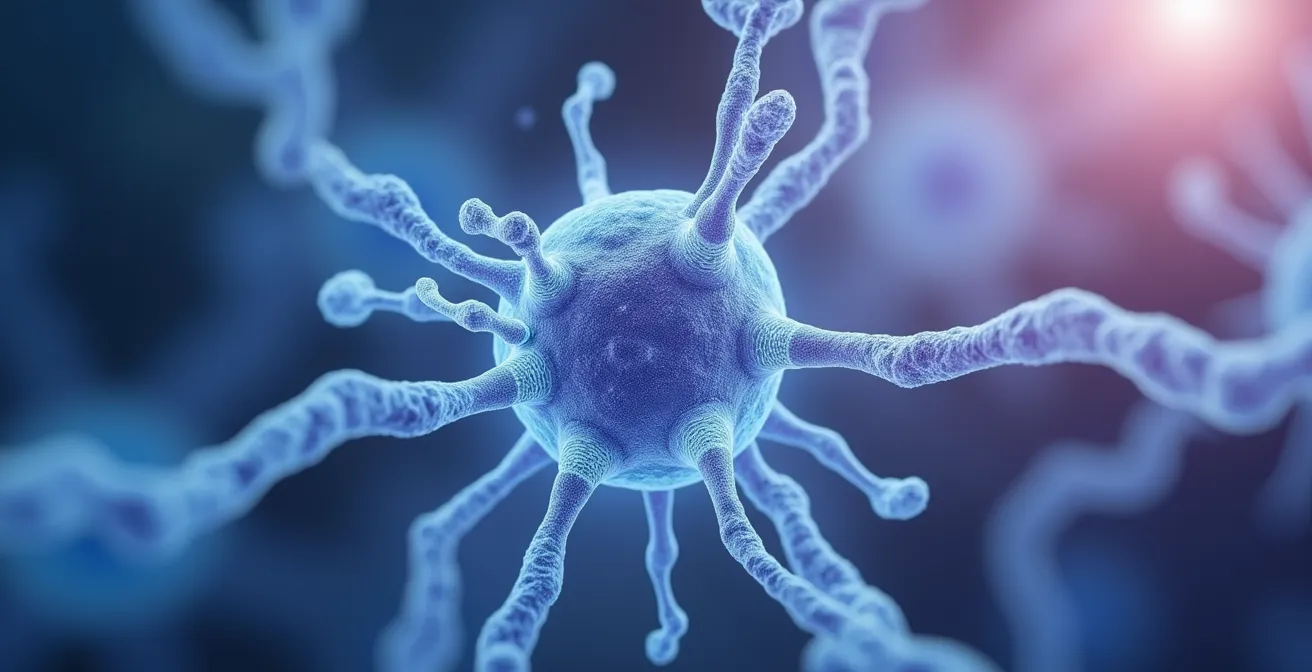 Illustration montrant des fibroblastes actifs sécrétant des fibres de collagène dans un environnement hydraté par l'acide hyaluronique