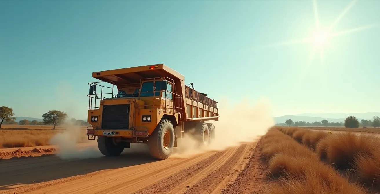 Image réaliste d’un camion transportant des équipements de forage sur une piste de terre vers un village isolé, décor naturel sans texte