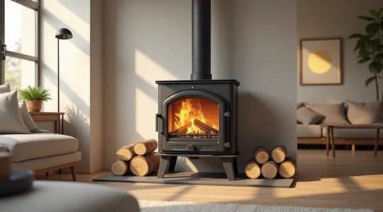 Intérieur moderne avec poêle à bois central diffusant une lumière chaleureuse dans un salon épuré, ambiance confortable et économique