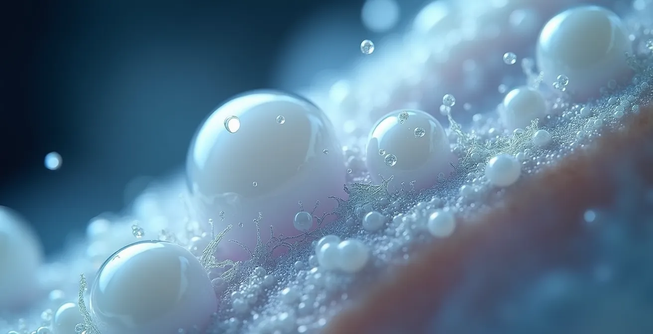 Vue macro en gros plan du liquide synovial d'une articulation saine, montrant la restauration du cartilage grâce aux protéines collagènes et hyaluroniques
