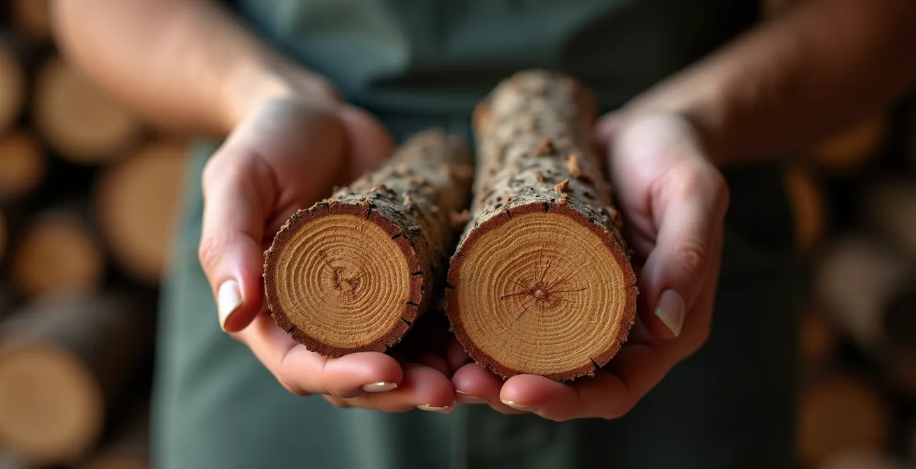 Mains d'une personne tenant des bûches de bois sec avec texture écorce visible, geste d'approvisionnement quotidien du chauffage