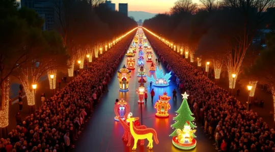 Vue aérienne d'une parade de Noël somptueuse avec chars illuminés, personnages costumés, foule enchantée sous les lumières colorées du soir, ambiance féerique et festivité.