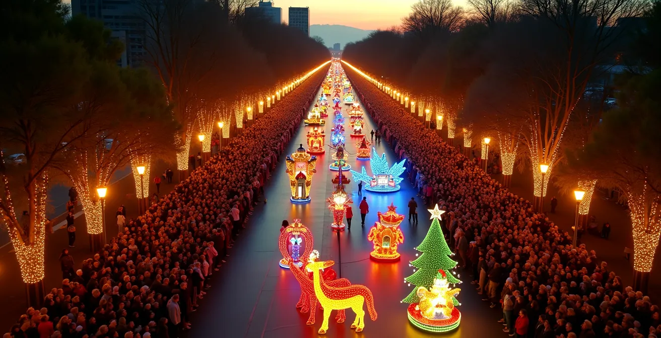 Vue aérienne d'une parade de Noël somptueuse avec chars illuminés, personnages costumés, foule enchantée sous les lumières colorées du soir, ambiance féerique et festivité.