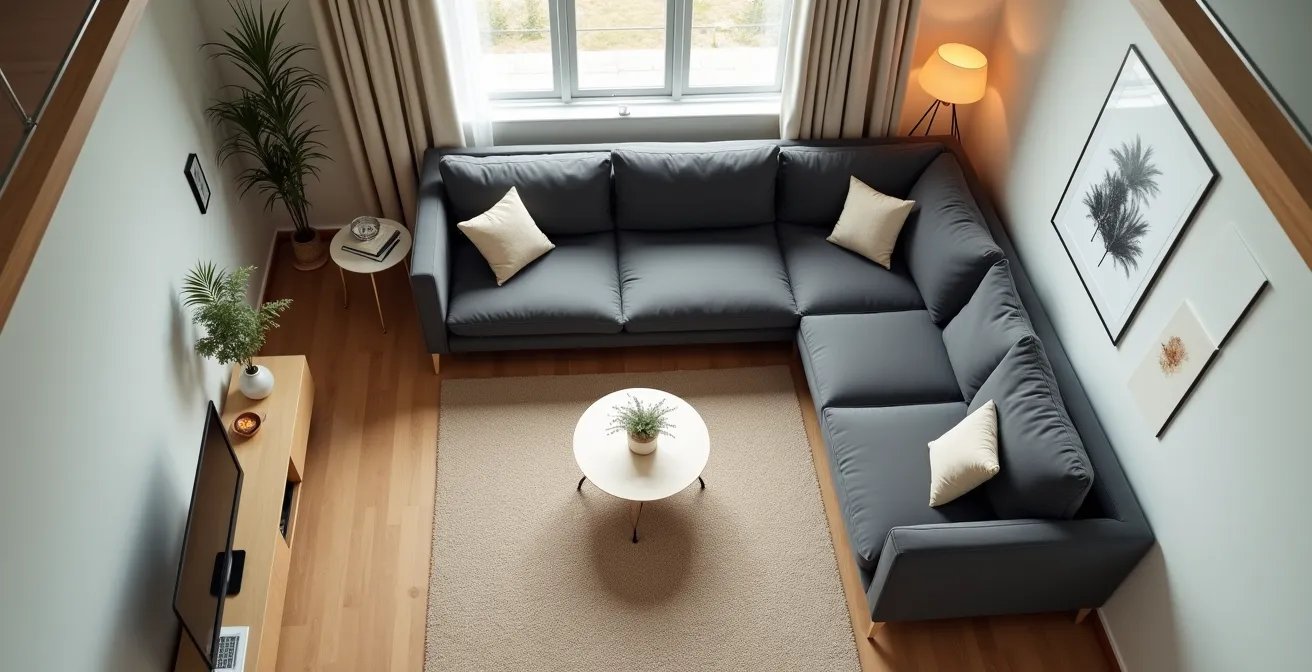 Vue aérienne d'un petit salon avec canapé d'angle compact optimisant l'espace disponible et circulation fluide