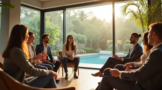 Groupe diversifié de professionnels en réunion informelle dans un resort lumineux, entouré de paysages naturels, ambiance premium sans texte ni marque