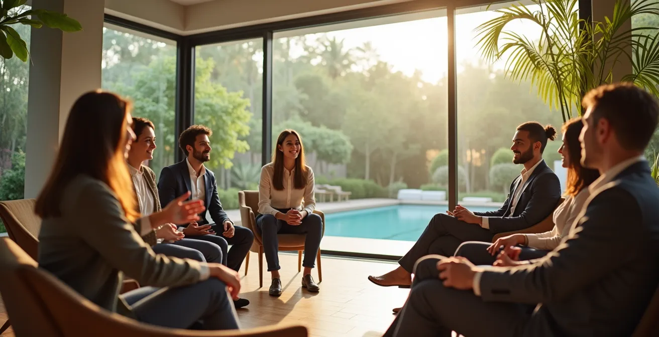 Groupe diversifié de professionnels en réunion informelle dans un resort lumineux, entouré de paysages naturels, ambiance premium sans texte ni marque