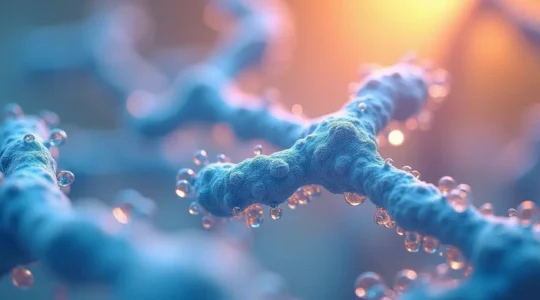 Illustration scientifique montrant des cellules fibroblastes produisant du collagène et de l'acide hyaluronique dans une matrice extracellulaire hydratée