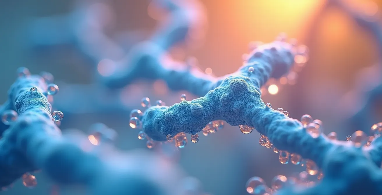 Illustration scientifique montrant des cellules fibroblastes produisant du collagène et de l'acide hyaluronique dans une matrice extracellulaire hydratée