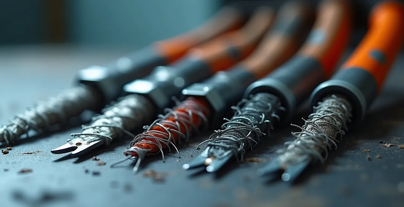 Détail macro des différentes têtes de coupe et accessoires pour débroussailleuse