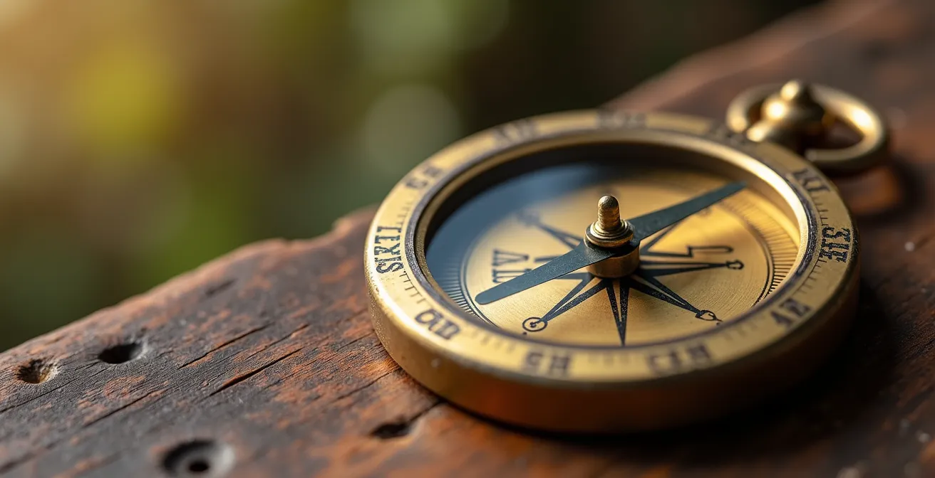 Gros plan photographique d'une boussole vintage en bronze sur fond naturel flou
