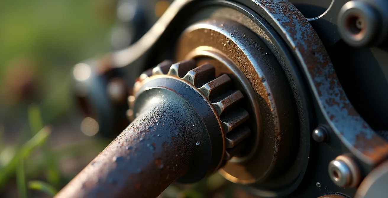 Vue détaillée du système de transmission d'une tondeuse thermique