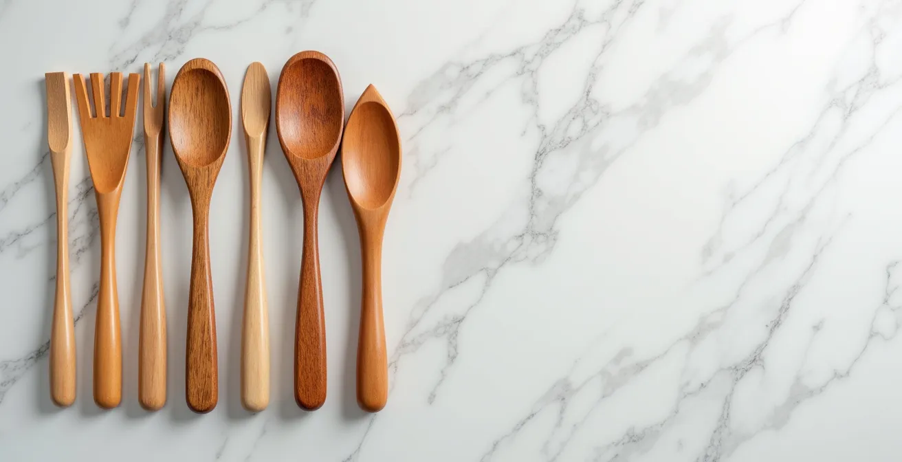 Composition minimaliste d'outils artisanaux en bois disposés harmonieusement sur surface claire