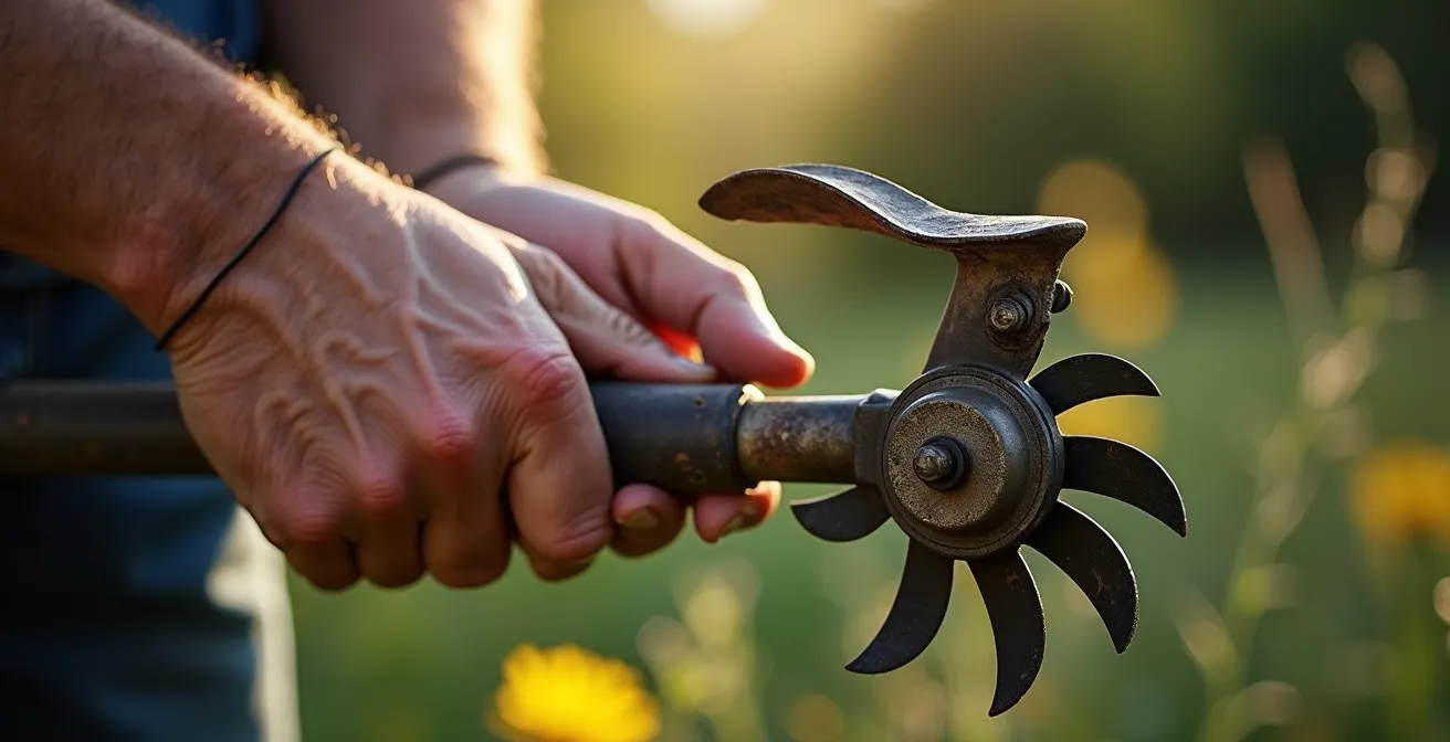 Détail des mains d'un jardinier ajustant sa débroussailleuse avec concentration