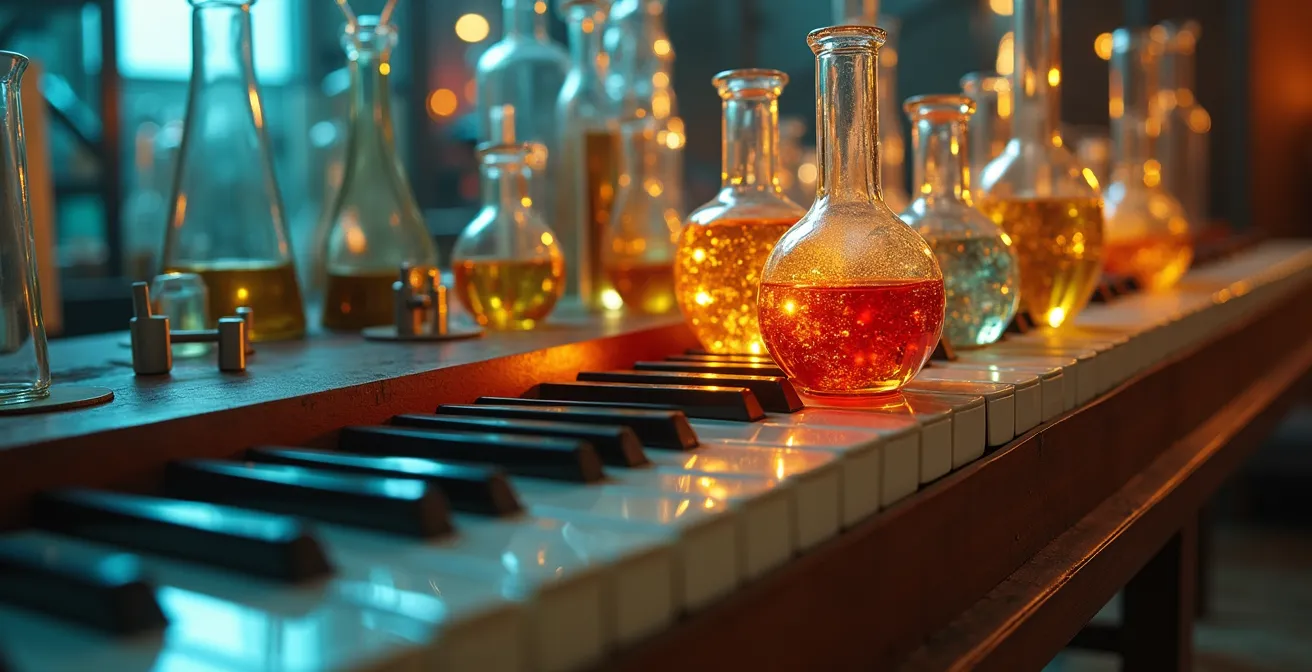 Représentation artistique du pianocktail, fusion entre piano et machine à cocktails