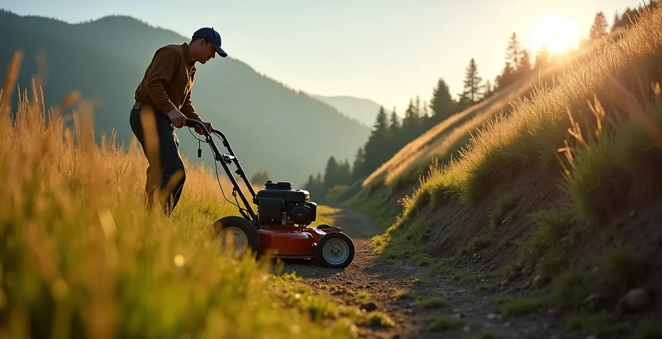 Opérateur utilisant une tondeuse thermique sur terrain en pente avec technique appropriée