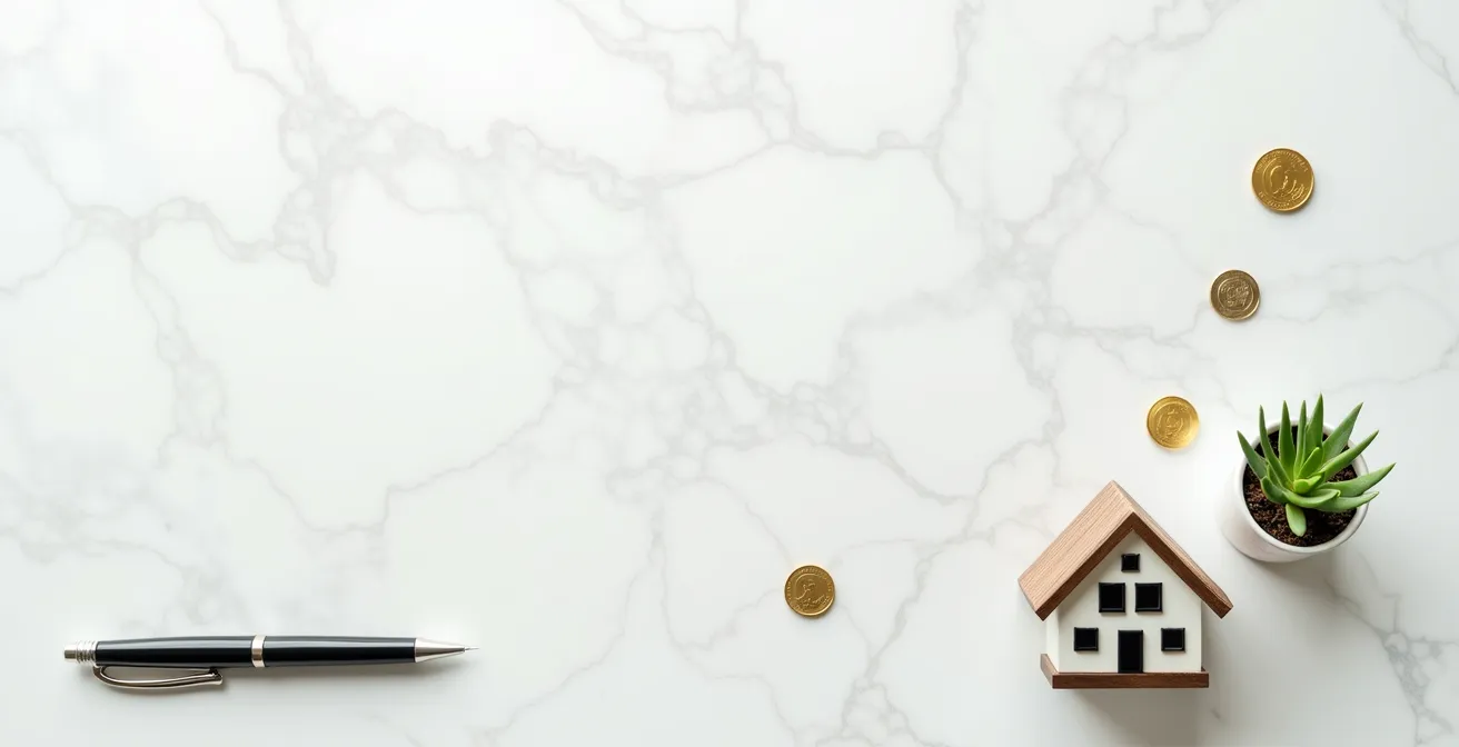 Vue aérienne minimaliste d'objets organisés représentant différents investissements