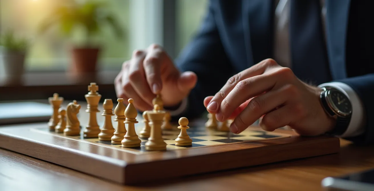 Mains manipulant des pièces d'échecs sur plateau en bois représentant la stratégie fiscale