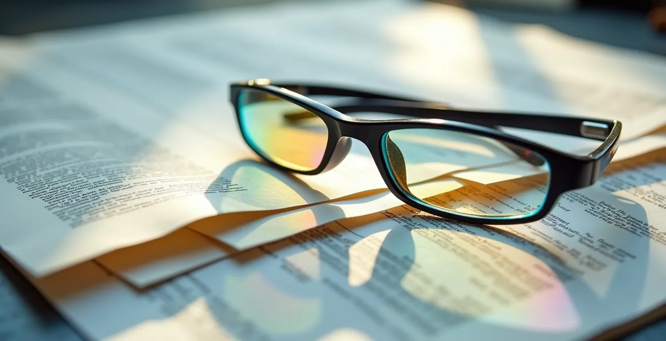 Vue macro sur des papiers administratifs avec reflets de verres de lunettes créant des jeux de lumière abstraits