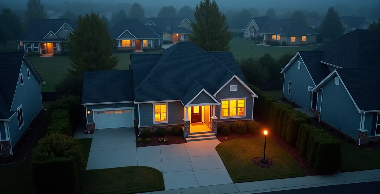 Vue aérienne d'une propriété résidentielle avec zones de vulnérabilité identifiées par des halos lumineux