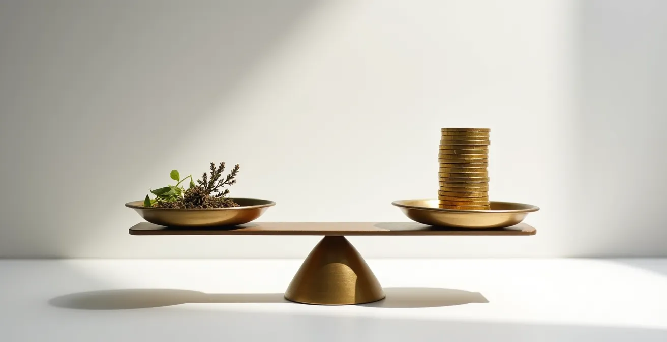 Balance de précision avec matières premières d'un côté et pièces dorées de l'autre