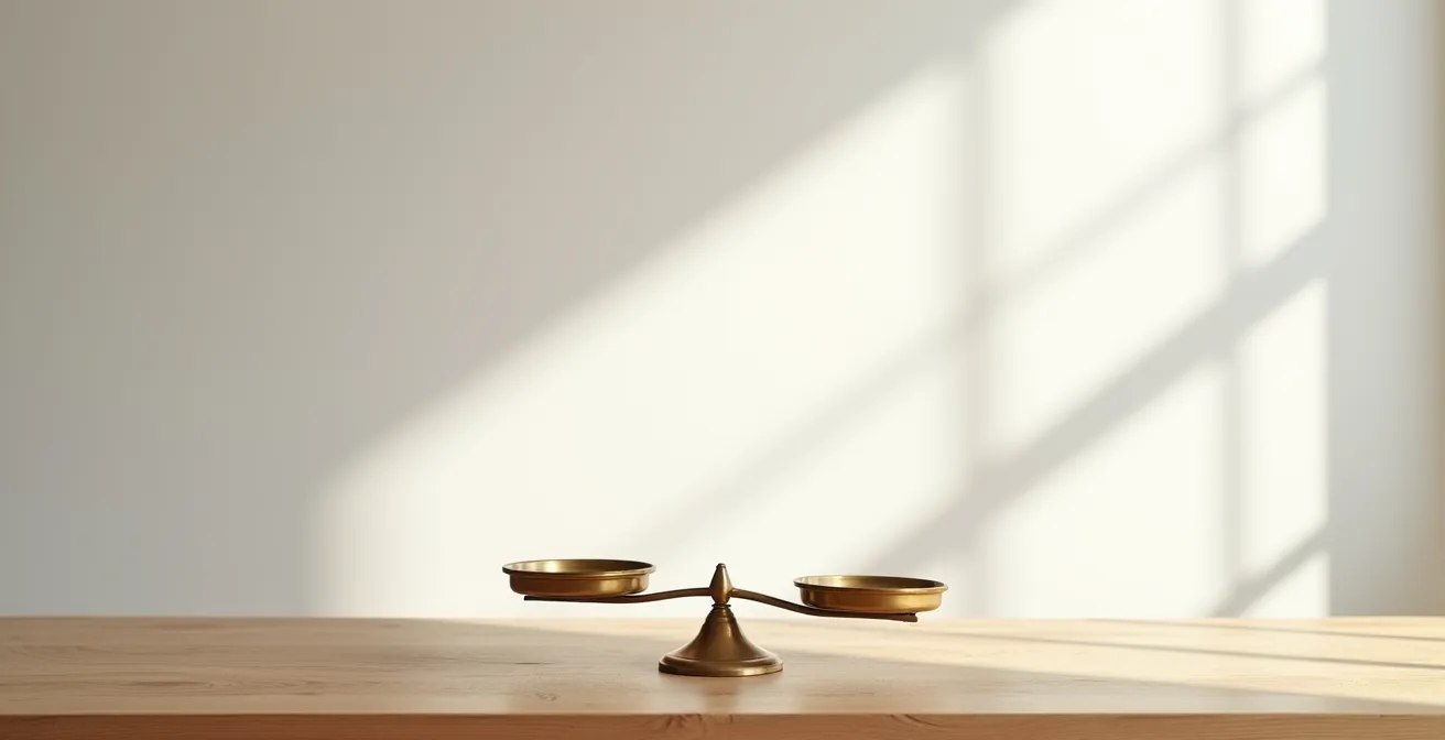 Vue large d'un bureau épuré avec une balance vintage en équilibre parfait, représentant les choix stratégiques entre coûts et opportunités