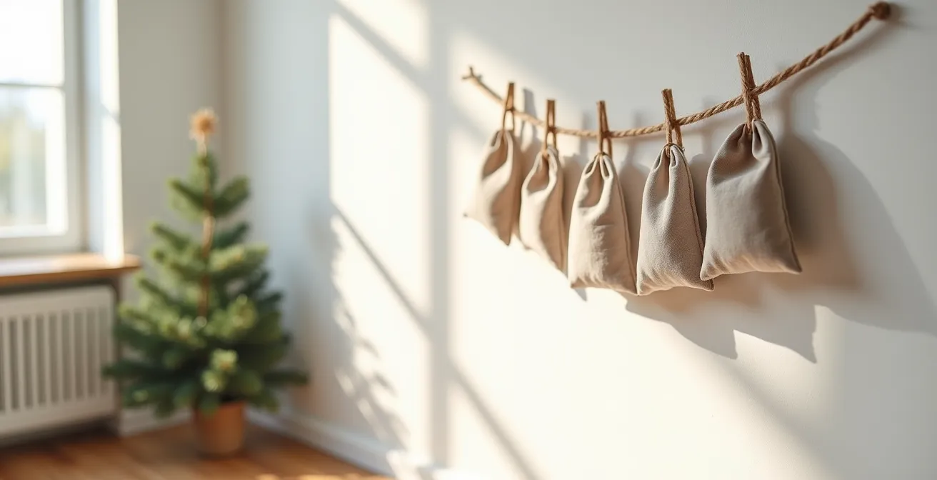 Calendrier de l'avent fait maison suspendu avec pochettes en tissu dans une ambiance chaleureuse