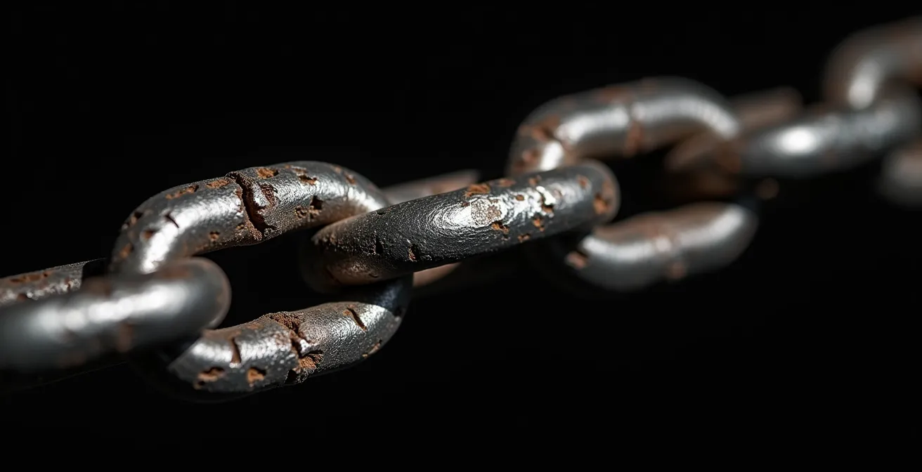 Vue macro d'un maillon de chaîne métallique en train de se briser sous tension, symbolisant l'effet cascade des défaillances