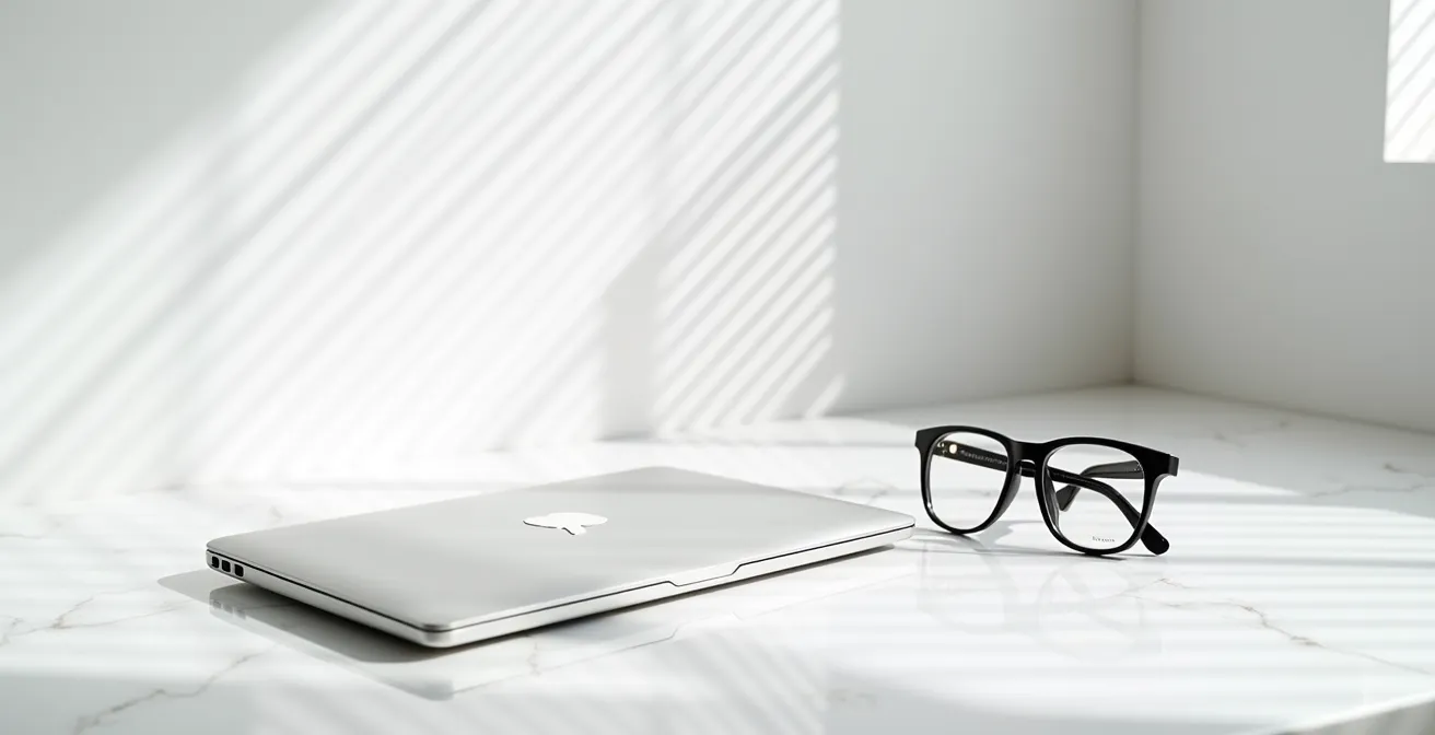 Vue en plongée d'un bureau élégant avec ordinateur portable montrant une interface floue, lunettes premium posées à côté