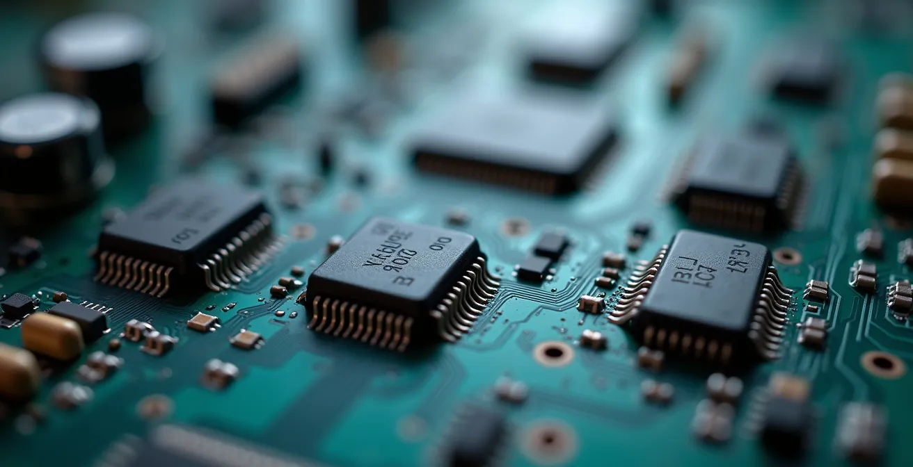 Vue macro de circuits électroniques et composants de sécurité interconnectés