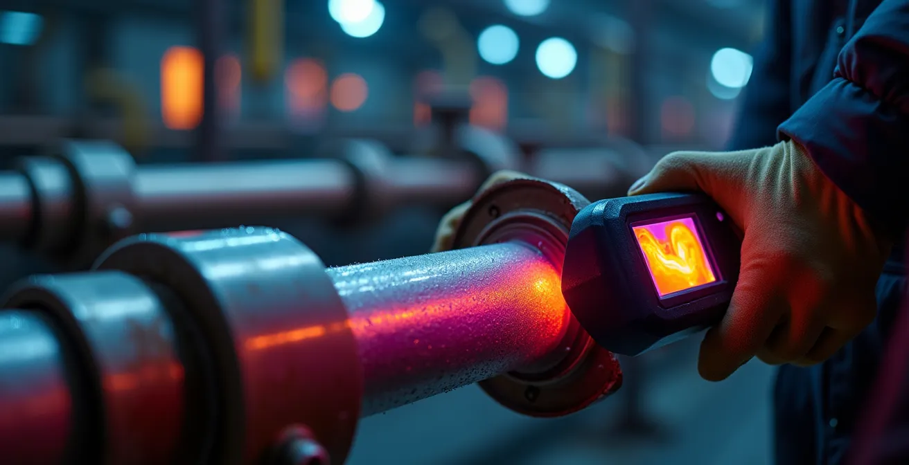 Technicien inspectant des tuyaux de chauffage avec caméra thermique en sous-sol