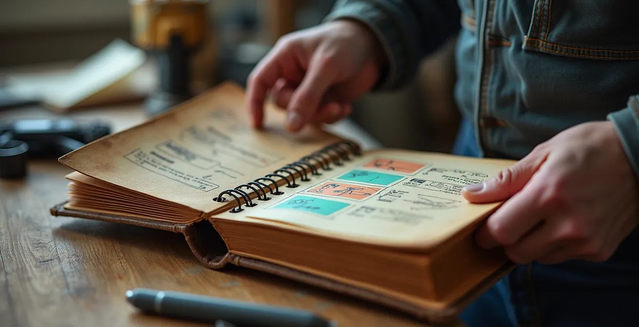 Mains consultant un classeur de documents sur un bureau industriel