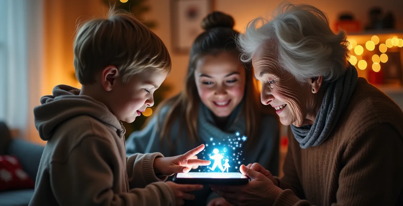 Trois générations d'une famille partageant un moment autour d'un gadget interactif