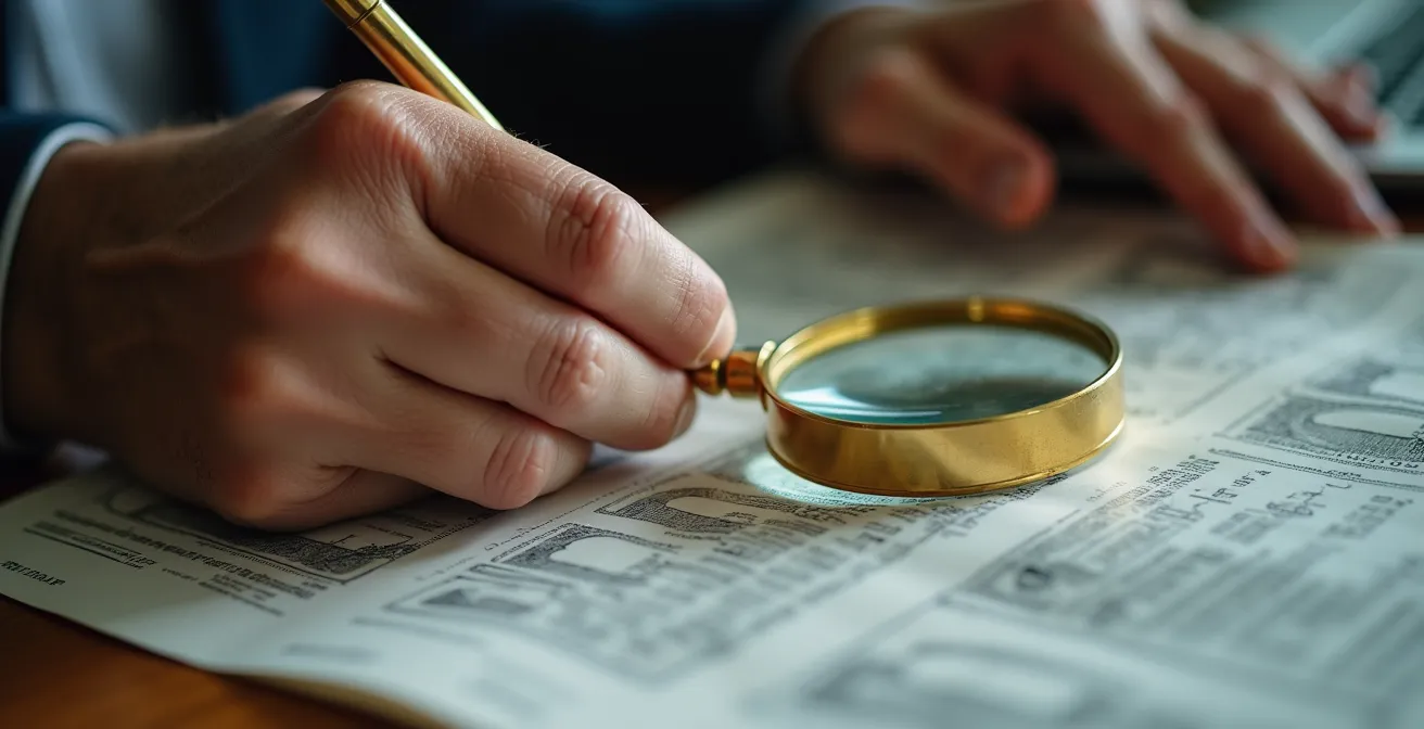 Gros plan sur des mains examinant des documents financiers avec une loupe, symbolisant la recherche minutieuse des coûts dissimulés