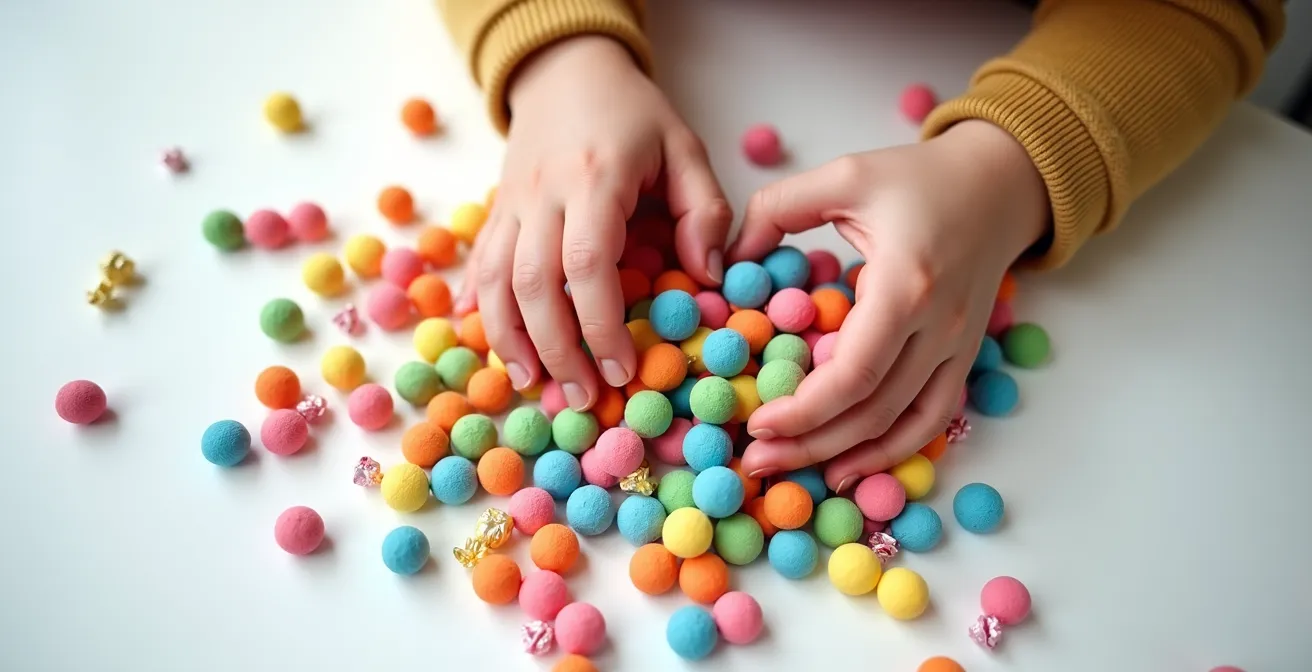 Mains d'enfant triant de petits jouets et bonbons colorés sur une table