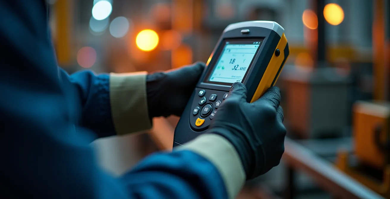 Technicien mesurant le débit d'air à un poste de travail avec un anémomètre