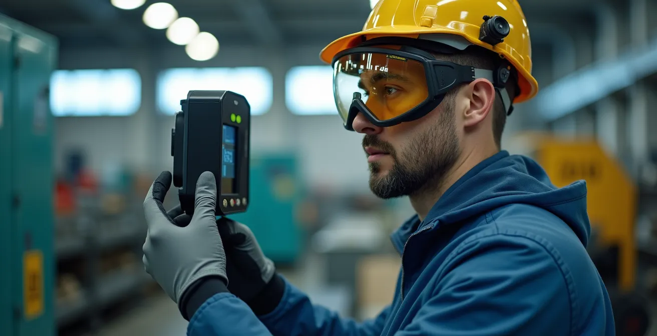 Opérateur industriel portant un masque de protection dans une zone de production