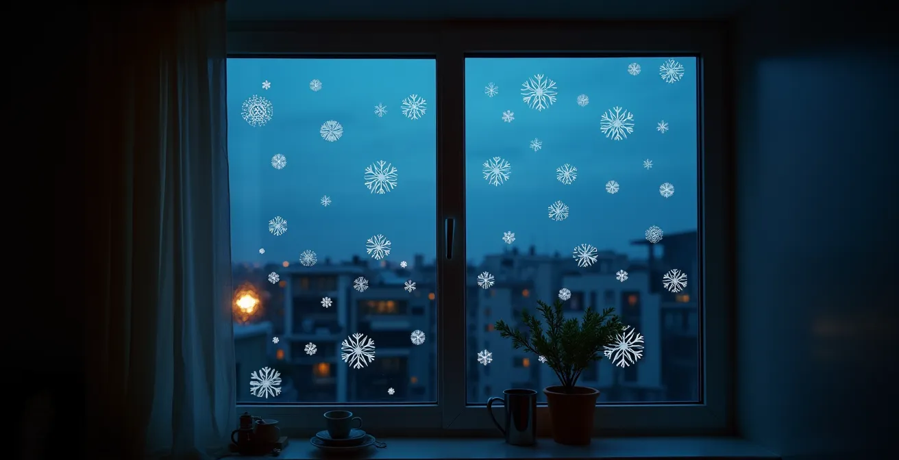 Installation de projection mapping transformant une fenêtre en tableau narratif de Noël