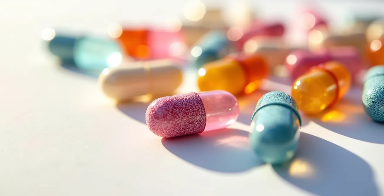 Vue macro sur des capsules de compléments alimentaires multicolores