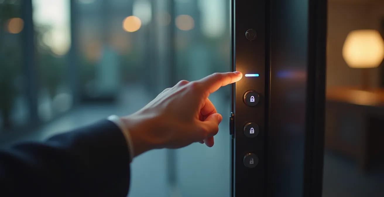 Gros plan sur une main approchant d'une serrure connectée moderne avec éclairage LED